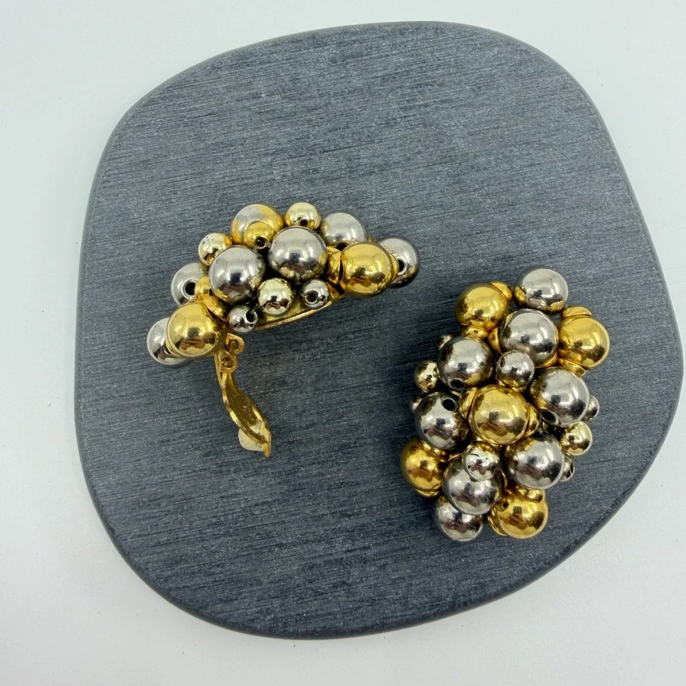 Gold & Silver Tone Bead Cluster Clip On Earrings Chunky Statement Jewelry Gift